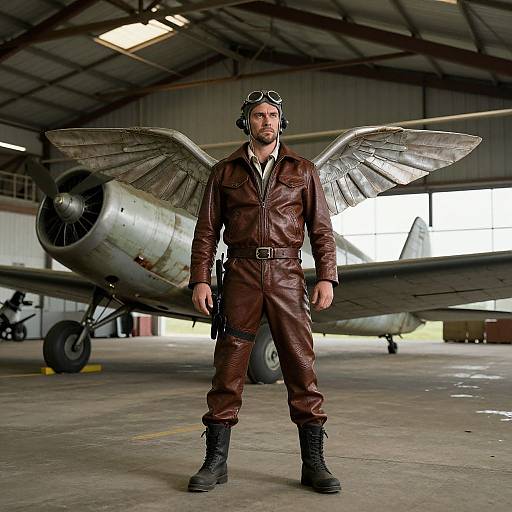 Photograph of a bearded man in brown leather aviator suit and winged helmet, standing in a hangar with a vintage silver airplane in the