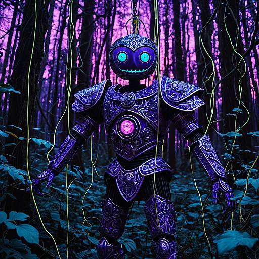 Glowing Marionette Warrior in Enchanted Forest