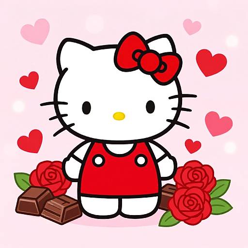 Digital drawing of Hello Kitty in a red dress, with a red bow, surrounded by red roses, heart shapes, and chocolate pieces.