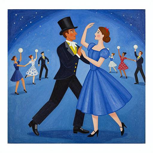 Illustration of a dancing couple in blue formal attire, top hat, and dress, surrounded by other couples under a starry night sky.