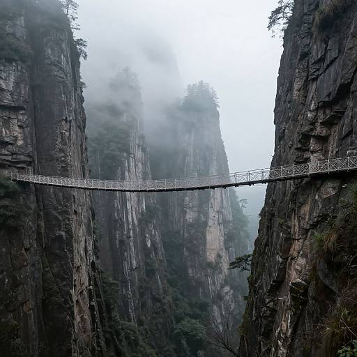 Photograph of a misty, narrow suspension bridge connecting two towering, rocky cliffs with dense forest below, set against a foggy sky.