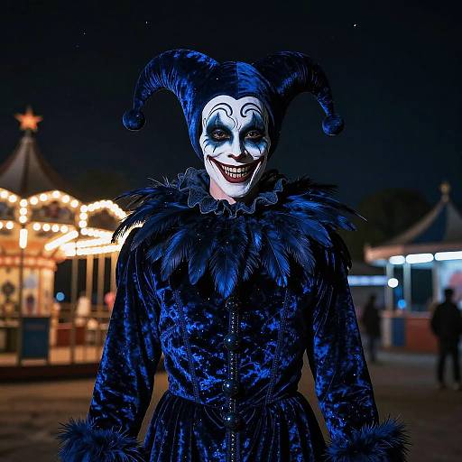 Sinister Jester in Dark Amusement Park