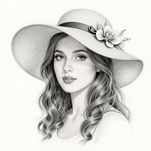Black-and-white pencil drawing of a beautiful woman with wavy hair, wearing a wide-brimmed sunhat adorned with a flower and leaves, looking