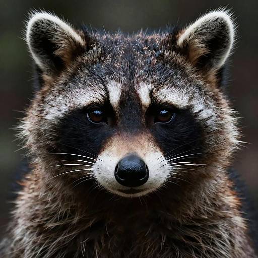 Close-up photograph of a raccoon with dark fur, white facial markings, and black nose, staring directly at the camera in a forest background.