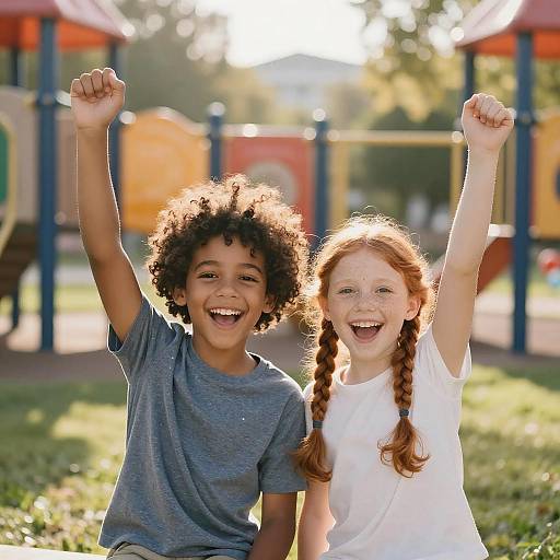 Photograph of a smiling Black boy with curly hair in a blue shirt and a red-haired white girl in a white shirt, both raising their arms joy