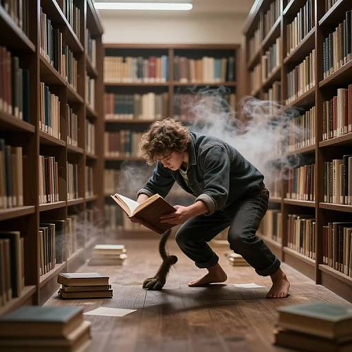 Photograph of a curly-haired man in black pajamas, crouching between bookshelves, reading a book with smoke swirling around him, bare