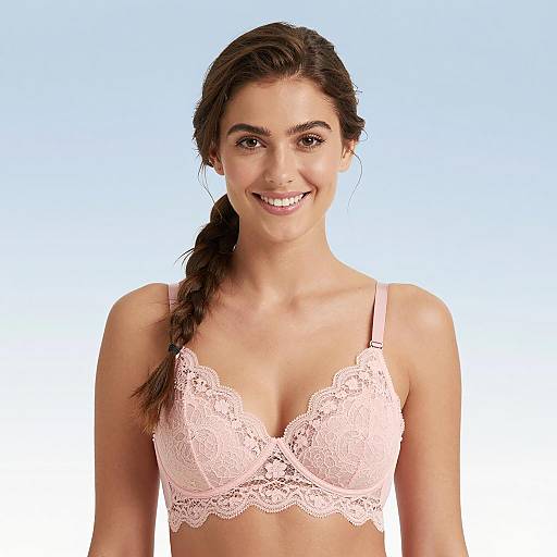 Smiling Woman in Pink Lace Bra