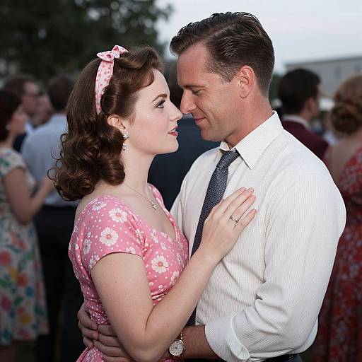 Photograph of a 1940s-style couple dancing closely, man in white shirt and tie, woman in pink floral dress with pink headband.
