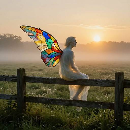 Photograph of a silhouetted woman with colorful, stained-glass-style butterfly wings sitting on a wooden fence at sunrise in a misty field