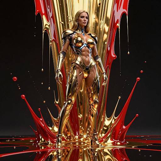 Digital artwork of a blonde woman in a shiny, gold and red liquid metallic armor, standing in a splashing, golden-red liquid backdrop.