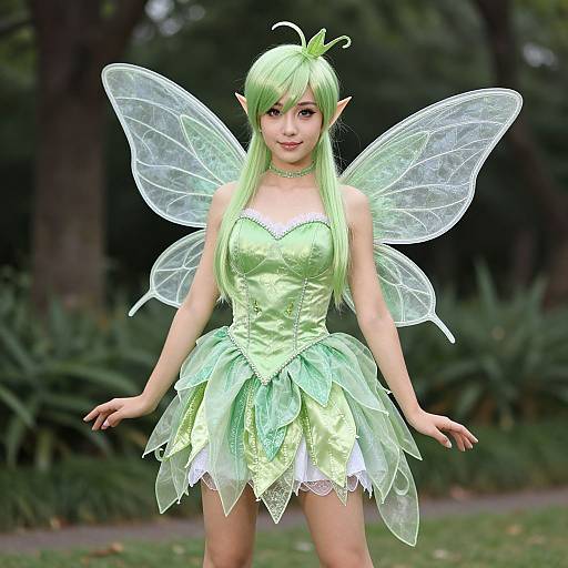 Photograph of a green-haired fairy cosplay with translucent wings, elf ears, and a leafy, green dress, standing in a forest.