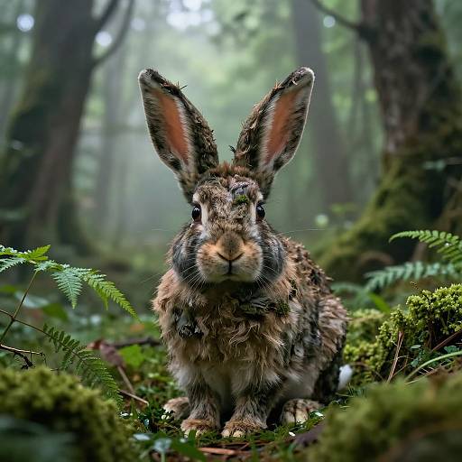 Photograph of a brown and black spotted rabbit with tall ears, sitting on mossy forest floor surrounded by ferns and blurred trees.