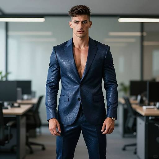 Photograph of a handsome, muscular man with short dark hair, wearing a blue, shimmering, open-collared suit, standing confidently in a
