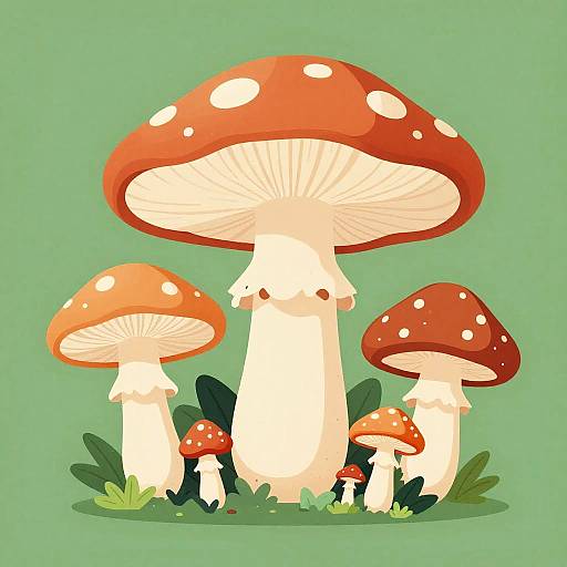 Digital illustration of large, red-spotted mushrooms with white stems and caps, surrounded by green foliage, on a light green background.