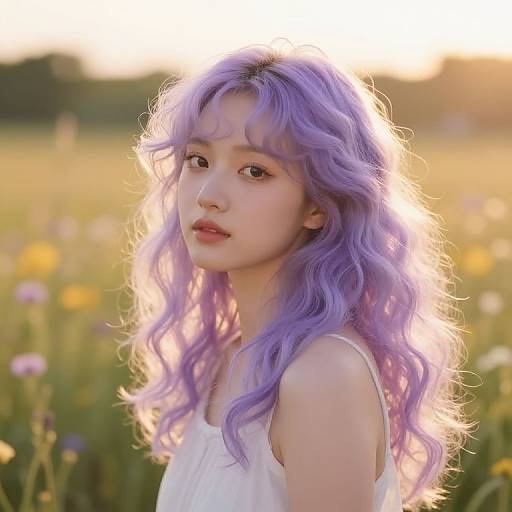 Photograph of a young Asian woman with wavy, lavender hair, wearing a white sleeveless top, standing in a sunlit, blooming me