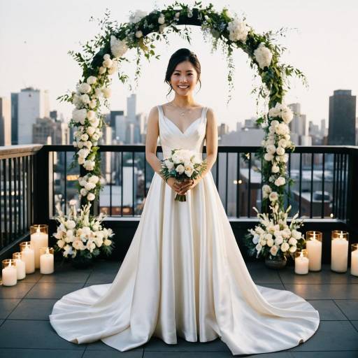 Bride in Modern Silk Wedding Dress on Urban Rooftop