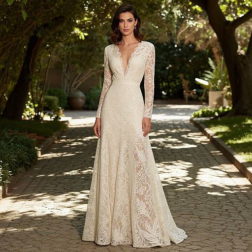 Photograph of a dark-haired woman in a long-sleeved, deep V-neck, white lace wedding gown standing on a sunlit, tree-lined