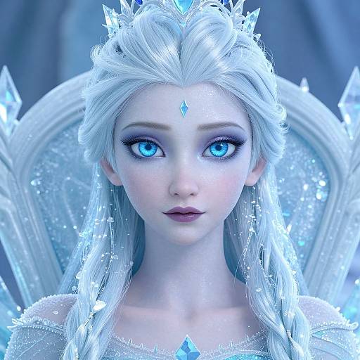 Digital artwork of a pale-skinned, blue-eyed, white-haired ice queen with a diamond forehead gem, wearing a sparkling ice crown and gown, set
