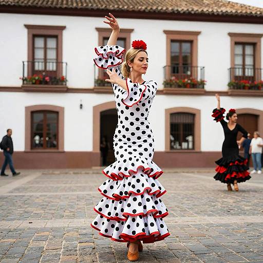 Photograph of a woman in a white polka-dot dress with red ruffles, red flower headpiece, dancing in a cobblestone plaza with