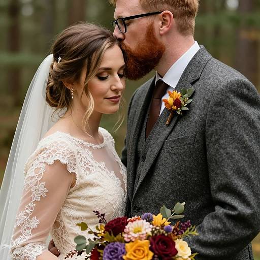 Photograph of a red-bearded groom in a gray suit kissing the cheek of a bride in a lace white dress, holding colorful floral bouquet, in