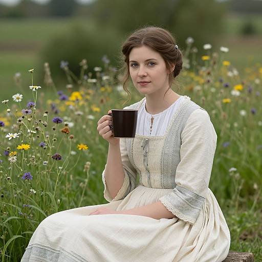 Photograph of a fair-skinned woman with brown hair in a white, embroidered dress, holding a black mug, seated in a vibrant, wildflower