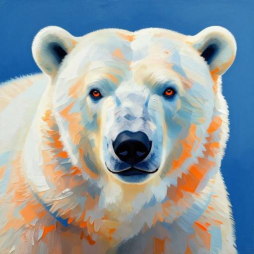 Digital painting of a polar bear with vibrant white and orange fur against a deep blue background, featuring intense red eyes.