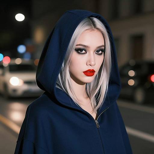 Woman in Dark Blue Hooded Cloak at Night