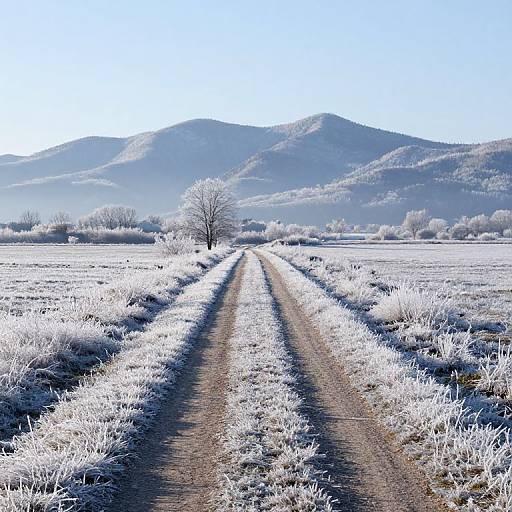 Photograph of a frost-covered dirt road stretching towards distant blue mountains, with a single leafless tree centered in the background.