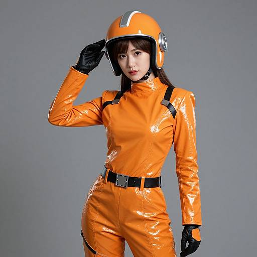 Asian woman in shiny orange latex pilot suit, black gloves, and orange helmet, saluting against gray background, photograph.