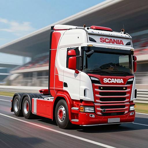 Photograph of a red and white Scania semi-truck speeding on a racetrack, with blurred background and bright daylight.