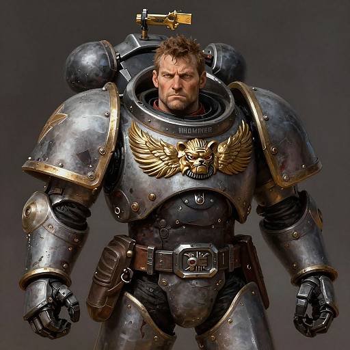 Photorealistic digital artwork of a muscular, bearded man in shiny, medieval-style, armored suit with golden winged lion chestplate and gun on