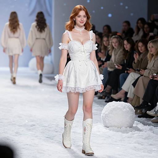 Photograph of a red-haired model in a white, lace-trimmed, off-shoulder dress and white boots, walking on a snow-covered