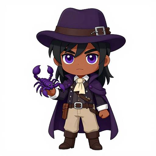 Chibi-style drawing of a dark-skinned, purple-eyed boy in a purple hat and coat, holding a purple scorpion. He wears beige pants