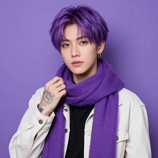 Photograph of an androgynous Asian person with purple hair, white jacket, and purple scarf, against a purple background, showing a tattoo on