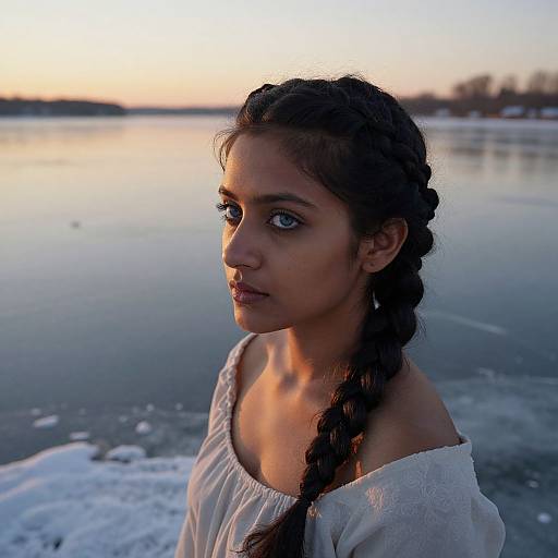 Photograph of a young woman with dark braided hair, wearing an off-shoulder white blouse, standing by a frozen lake at sunset.