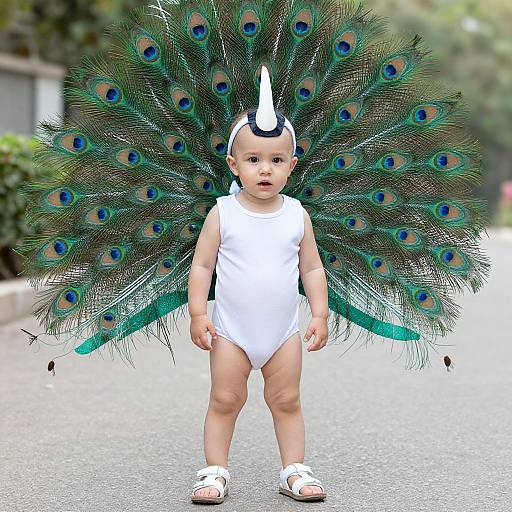Photograph of a baby with a peacock feathered headdress, white one-piece outfit, white sandals, standing on a suburban street.