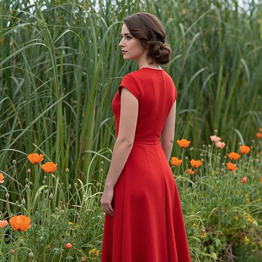 Photograph of a woman with dark hair in a red dress, standing in a vibrant garden with tall green grass and orange poppies, looking over her