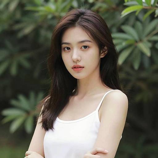 Photograph of an East Asian woman with long black hair, wearing a white tank top, standing against a green leafy background.