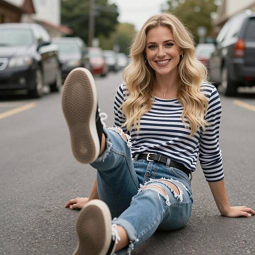 Smiling Blonde Woman on Dark Street
