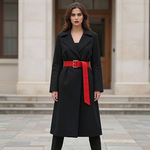 Photograph of a woman with long dark hair, red lipstick, and red belt, wearing a black coat, standing in front of a stone building.