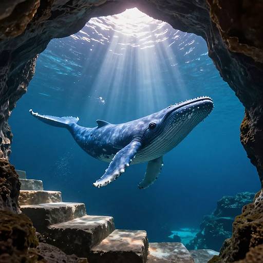 Photograph of a massive blue whale swimming through an underwater cave entrance, illuminated by sunlight streaming from above.