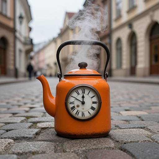 Photograph of an orange, steam-puffing kettle with a clock face on a cobblestone street in a historic European town.