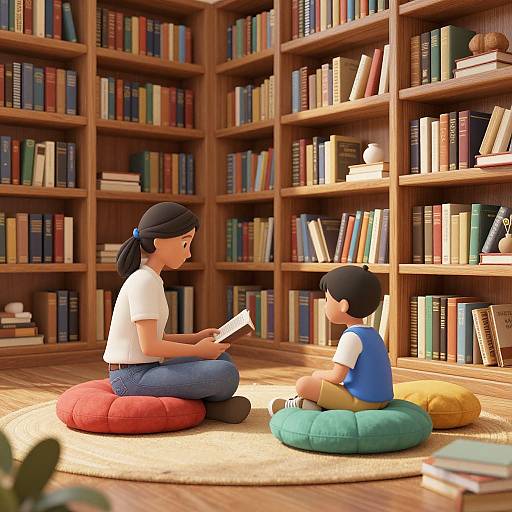 Digital illustration of a woman with black hair and white shirt reading to a young boy with black hair, blue vest, and yellow shorts, sitting on colorful