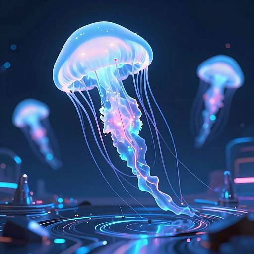 Neon Jellyfish in Cyberpunk Landscape