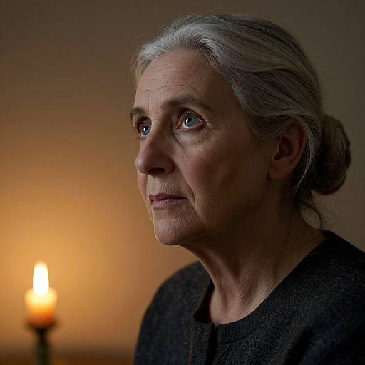 Photograph of an elderly woman with gray hair, wearing a black sweater, illuminated by a warm, glowing candle in the background.