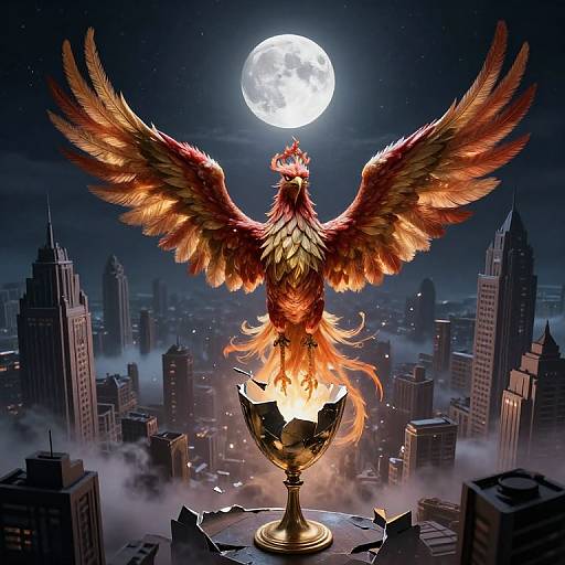 Digital art: A majestic, fiery phoenix with outstretched wings, crowned, and perched on a broken pedestal, above a city skyline under a