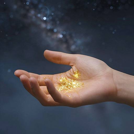 Photograph of a hand palm-up, holding sparkling golden dust against a dark, starry blue background. The hand is light-skinned, and the