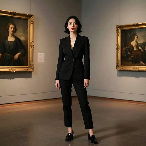 Photograph of a confident woman with short black hair, wearing a black blazer and pants, standing in an art gallery with two framed classical paintings on