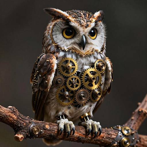 Photograph of a steampunk owl with intricately designed gears on its chest, perched on a wooden branch against a dark, blurred background.