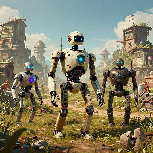 Digital art: Three glowing blue-eyed, white and black robot humans stand in a sunny, grassy, ruined village with medieval-style buildings.